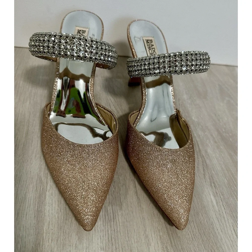 Badgley Mischka Nori Mules Women 8 Rose Gold Excellent Crystal Glitter Heels